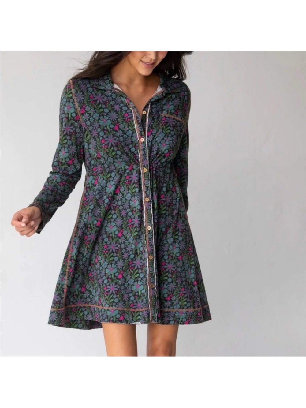 NATURAL LIFE Dark Green and Pink Floral Button-Up Dress